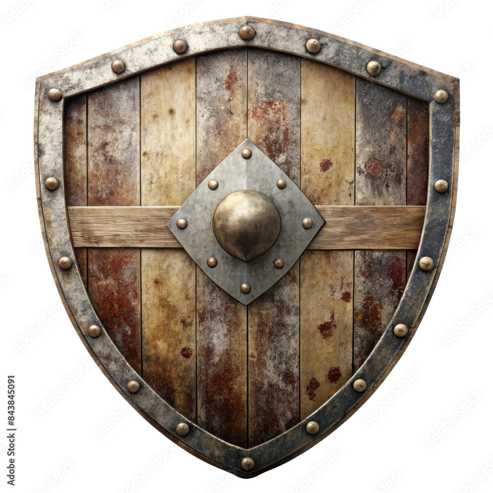Medieval wooden shield with metal accents and rustic texture, isolated on transparent background, png. Medieval wooden shield with metal accents and rustic texture, isolated on transparent background, png.