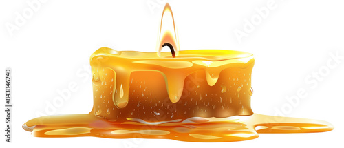 A single candle with a bright flame, melting wax dripping down the side. photo