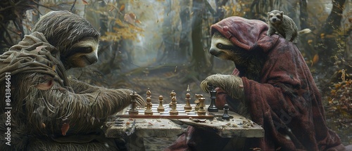 A curious scene where sloths, draped in velvet cloaks, ponder over a chess game, their moves strategized at a pace that allows the forest to grow around them photo