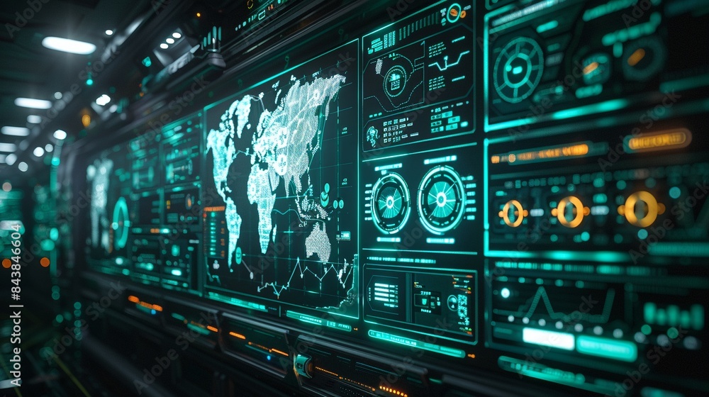 A holographic interface displaying a cybersecurity command center, monitoring threats across a global network A holographic interface displaying a cybersecurity command center, monitoring threats across a global network