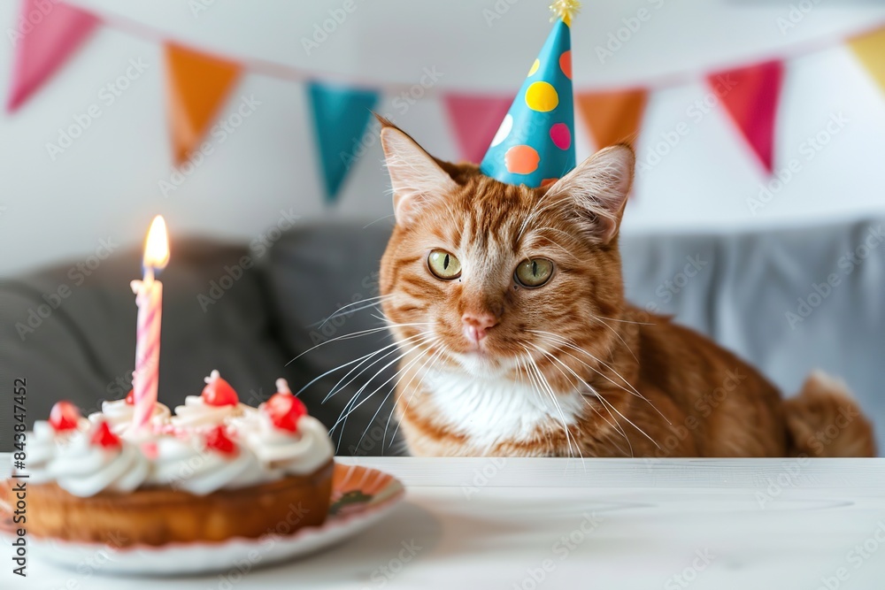 Birthday cat. Cat wearing party hats blowing out candles on birthday cake. happy anniversary concept. Tabby big feline looking at cake with candle sitting at the dining table at home. Happy birthday Birthday cat. Cat wearing party hats blowing out candles on birthday cake. happy anniversary concept. Tabby big feline looking at cake with candle sitting at the dining table at home. Happy birthday