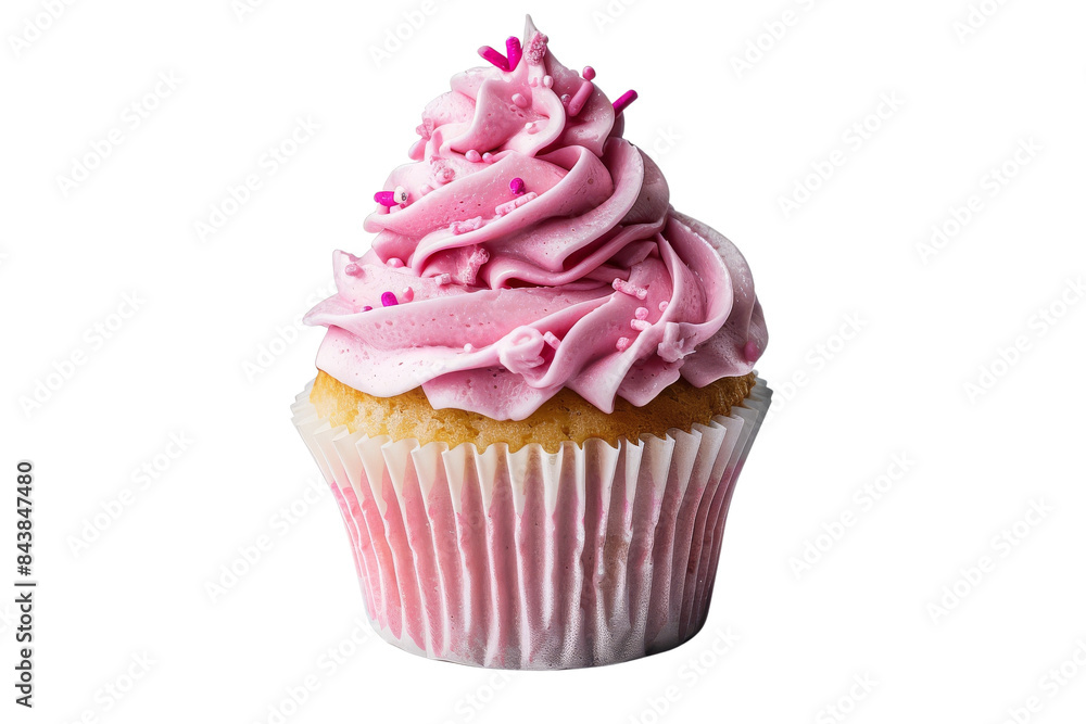 A single pink cupcake with frosting and sprinkles isolated on a black background. A single pink cupcake with frosting and sprinkles isolated on a black background.