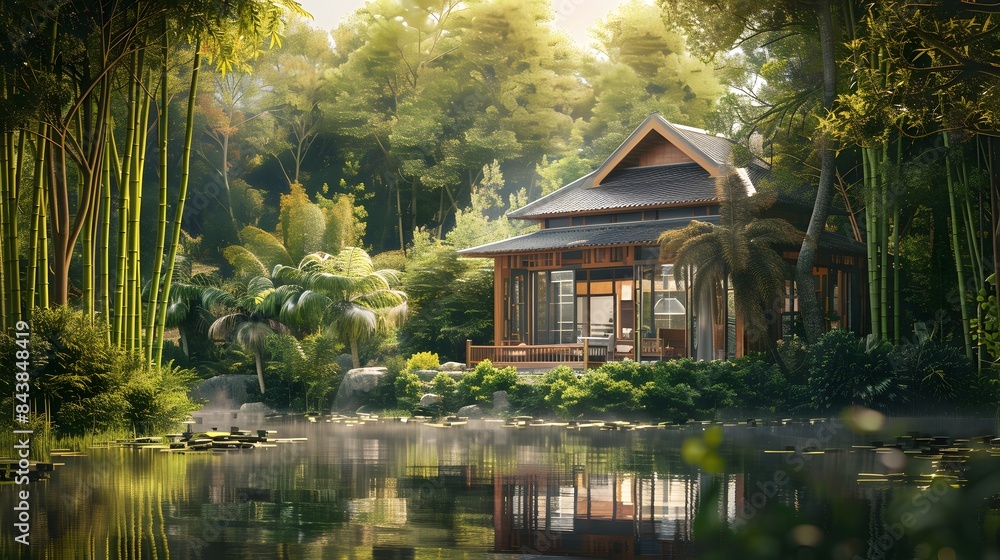 House in a cool and lush tropical forest, small lake in front, surrounded by bamboo trees and greenery House in a cool and lush tropical forest, small lake in front, surrounded by bamboo trees and greenery
