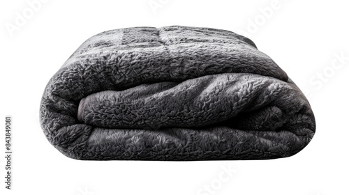 A soft, plush gray blanket folded neatly on a black background. The blanket is made of a fuzzy, luxurious fabric. The blanket is perfect for keeping warm and cozy.