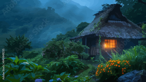 a small hut with a thatched roof in the middle of a forest