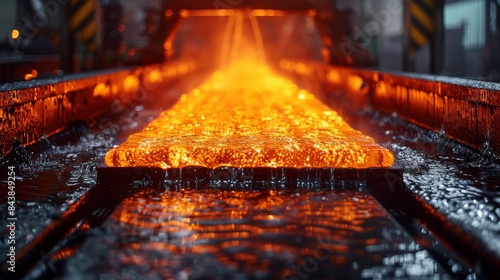 High-temperature molten metal flowing in an industrial metalworking facility, exuding heat and industry photo