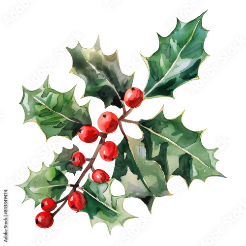 A sprig of holly with glossy green leaves and vibrant red berries.