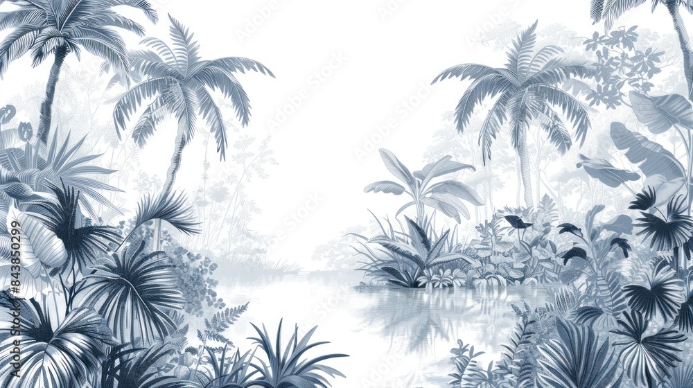 line drawing enchanting jungle tropical plants and trees wallpaper