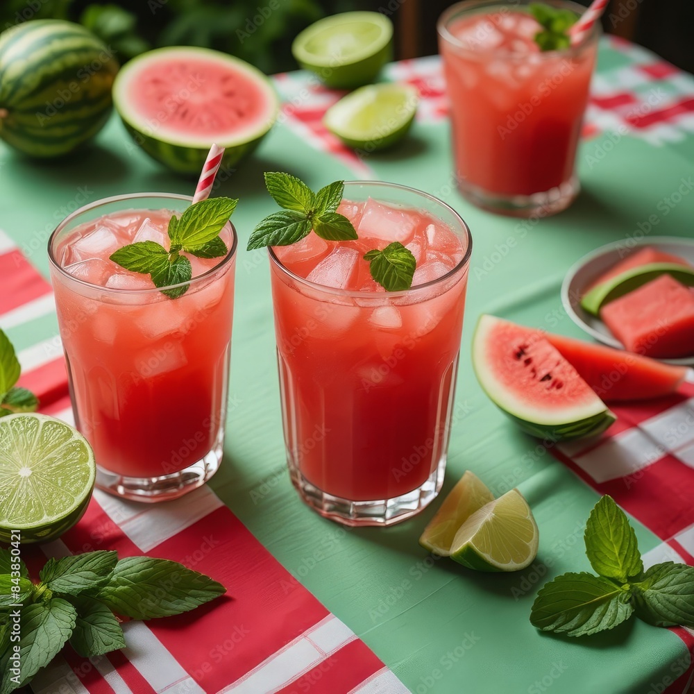A Refreshing Watermelon Cooler with Blended Watermelon, Mint, and Lime, Served in a Chilled Glass with a Straw A Refreshing Watermelon Cooler with Blended Watermelon, Mint, and Lime, Served in a Chilled Glass with a Straw