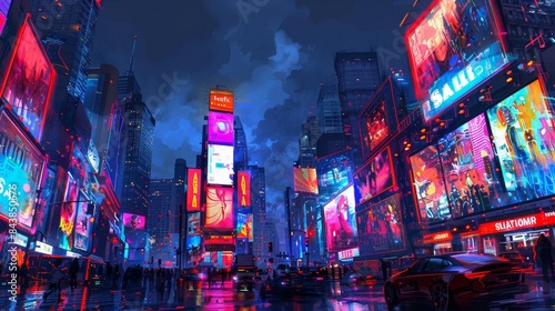 Times Square in New York City, with all the bright lights and billboards.
