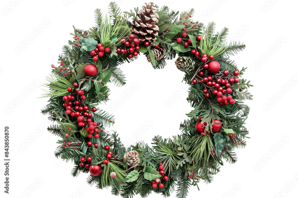 A traditional Christmas wreath with pine branches, red berries and pine cones. A traditional Christmas wreath with pine branches, red berries and pine cones.