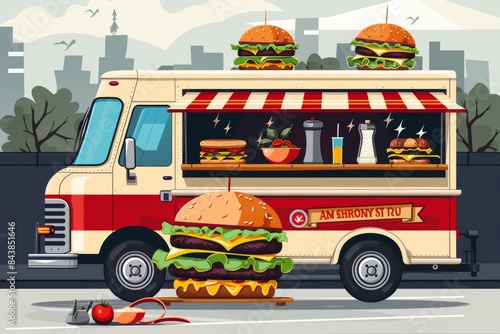 A food truck painted red and white is parked on a city street. The truck has a large image of a hamburger on the side. The truck is also selling hot dogs and drinks. photo