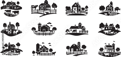 set of  dairy farm silhouette, set of  farmer house, bull, cow, goat  isolated on white, farm icons set