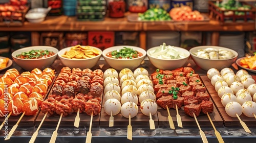 Various delicious meat skewers are placed on the grill, and the surface is brushed with oil, whichZi Zi Zuo Xiang . photo