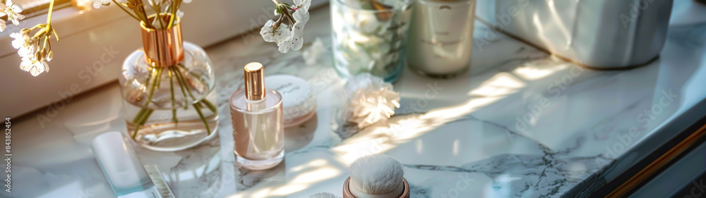 Chic Vanity Essentials on Marble Table, Oil Painting Chic Vanity Essentials on Marble Table, Oil Painting