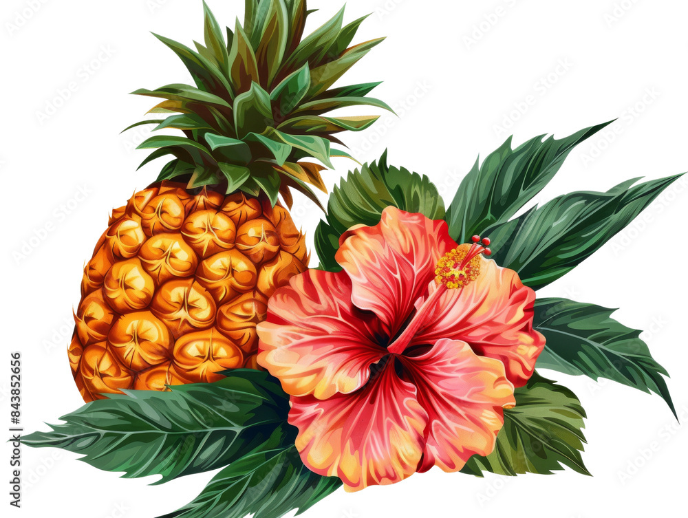 A vibrant pineapple and hibiscus flower with lush green leaves, a tropical paradise in bloom.