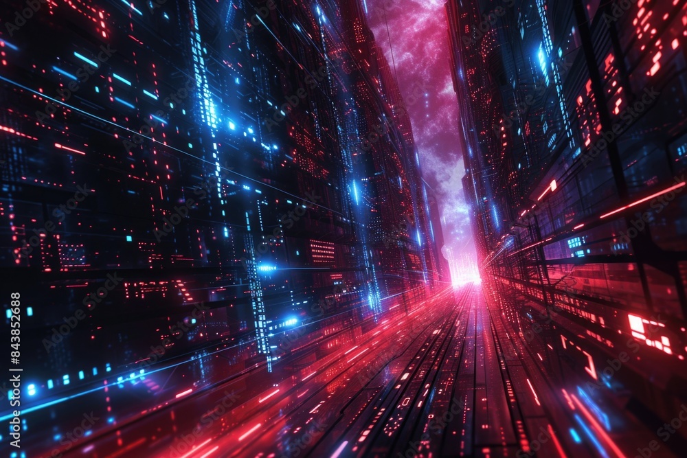 Fototapeta premium Futuristic city with red and blue lights 