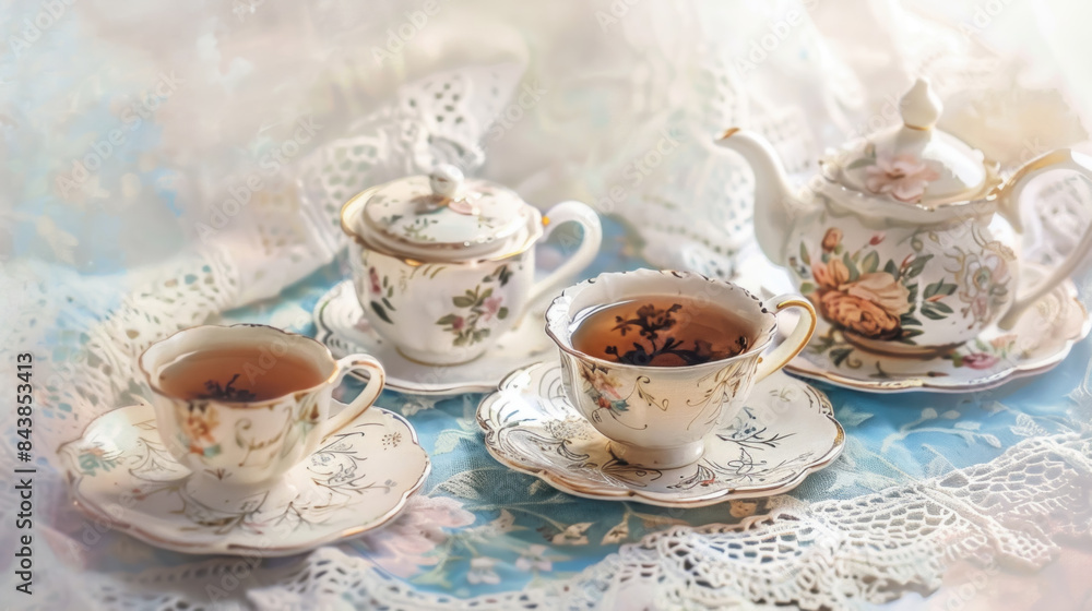 Elegant Tea Party Setting, Delicate Porcelain Cups on Table Elegant Tea Party Setting, Delicate Porcelain Cups on Table