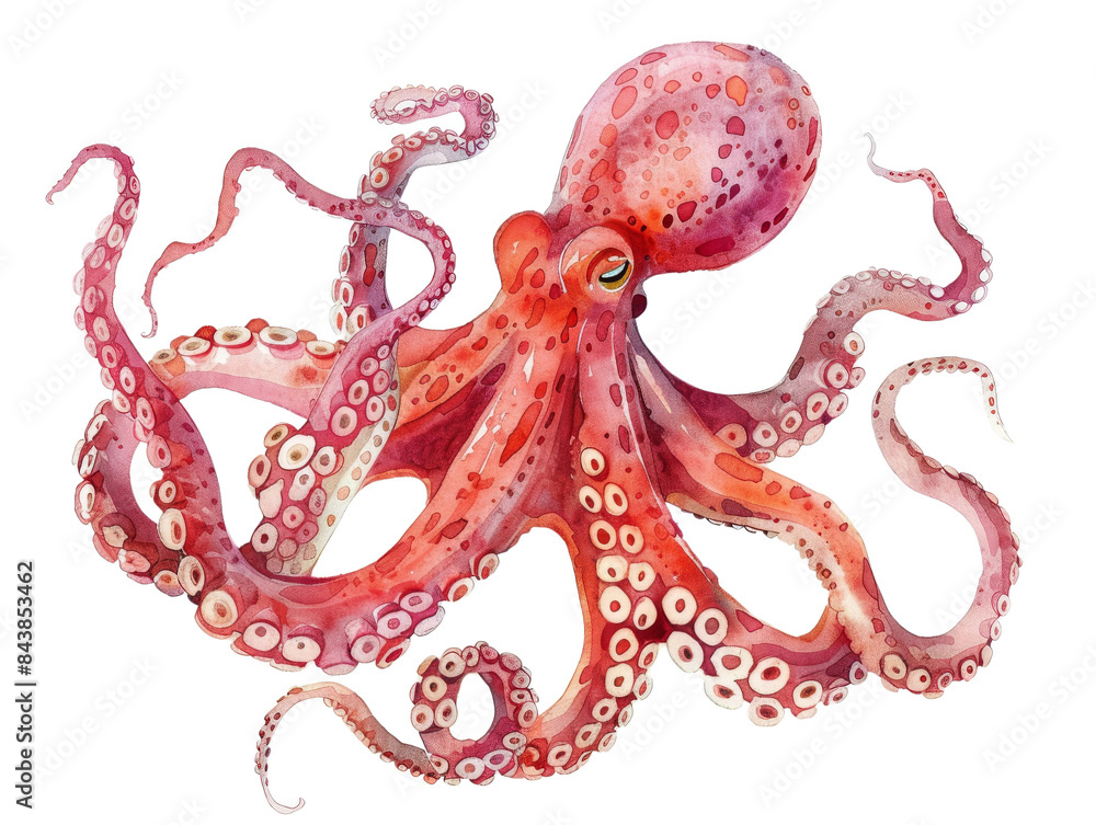 Fototapeta premium A vibrant, detailed illustration of a red octopus with eight tentacles. Its large eyes stare directly at the viewer. Perfect for marine life themed projects.