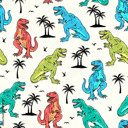 Colorful dinosaur seamless pattern with T-Rex illustrations, palm trees, and birds. Perfect for children's textiles, wallpapers, and playful designs. Vibrant, fun, and eye-catching.
