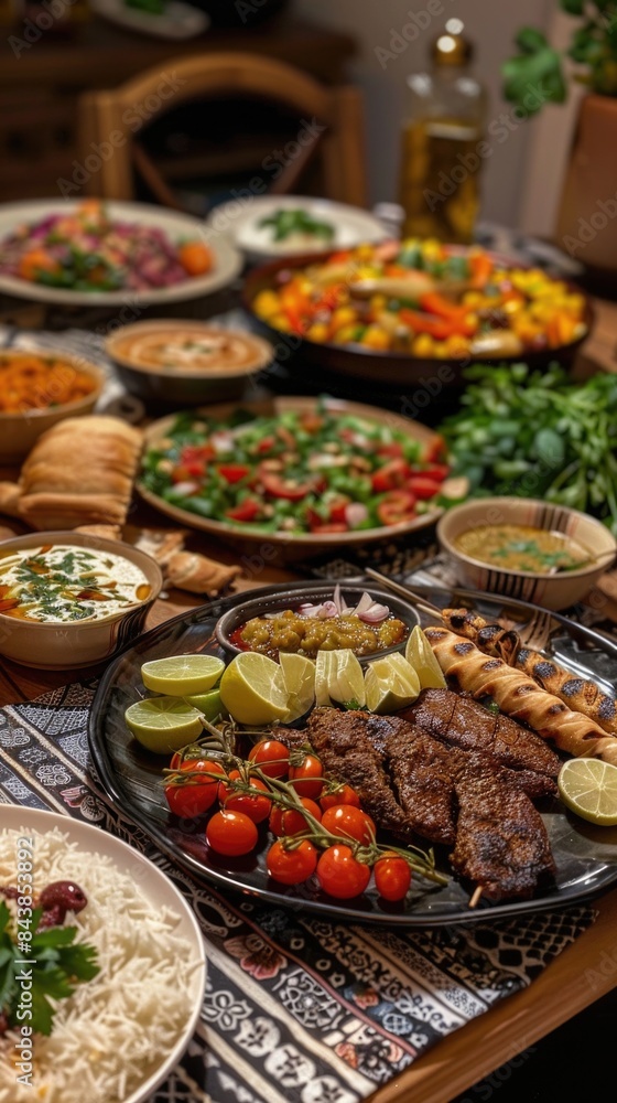 Many different dishes of food on the table, arabic traditional meal
Many different dishes of food on the table, arabic traditional meal