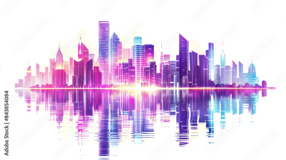 Vibrant cityscape with luminous skyscrapers and neon lights reflecting on urban river Vibrant cityscape with luminous skyscrapers and neon lights reflecting on urban river