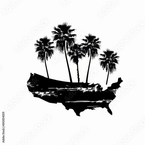 a black and white photo of a boat and palm trees