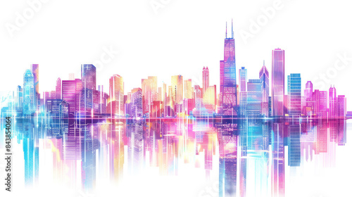 Luminous Skyscrapers, Neon City Lights, Urban River © peera