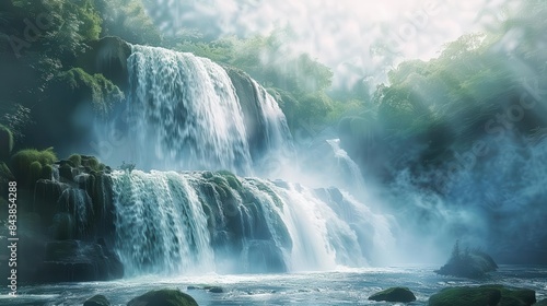 majestic waterfall cascading over misty rocks dramatic landscape scene digital illustration