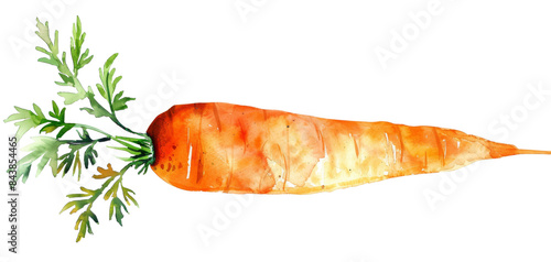 A watercolor illustration of a single orange carrot with green leafy top.