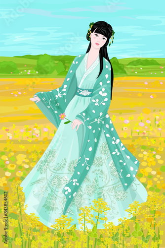 countryside scenery with a beautiful chinese girl in traditional