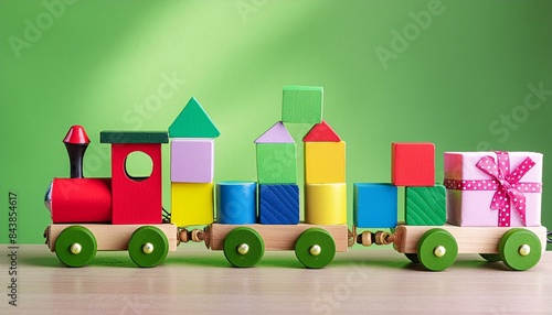 Colorful educational wooden toy train carrying blocks with numbers and geometric shapes on a soft green background. Ideal for concepts related to early childhood education, learning through play photo