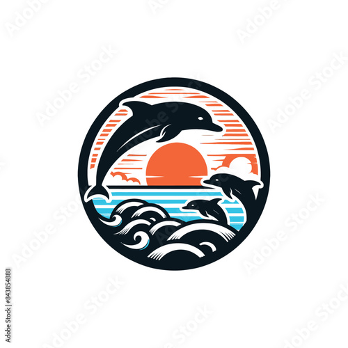 Colorful Sunset Over Ocean Waves with Cute Jumping Dolphins in Circular Design Logotype photo