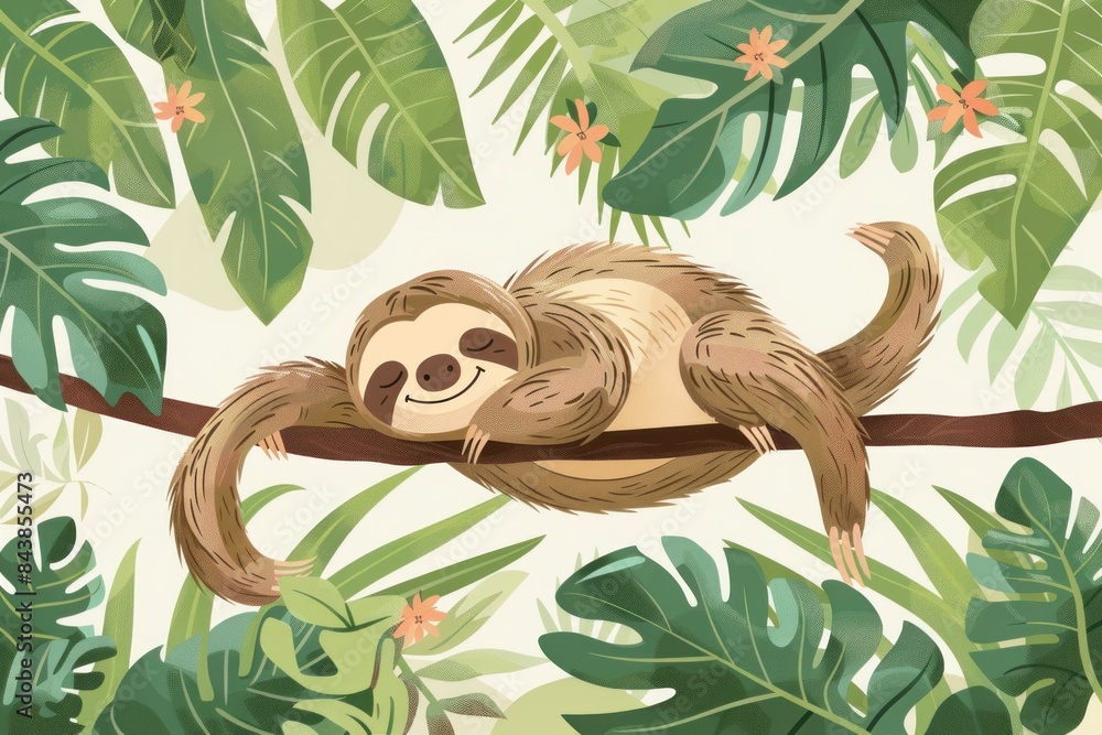 Fototapeta premium Cute sleeping sloth on tree branch in jungle wildlife illustration for travel and nature lovers