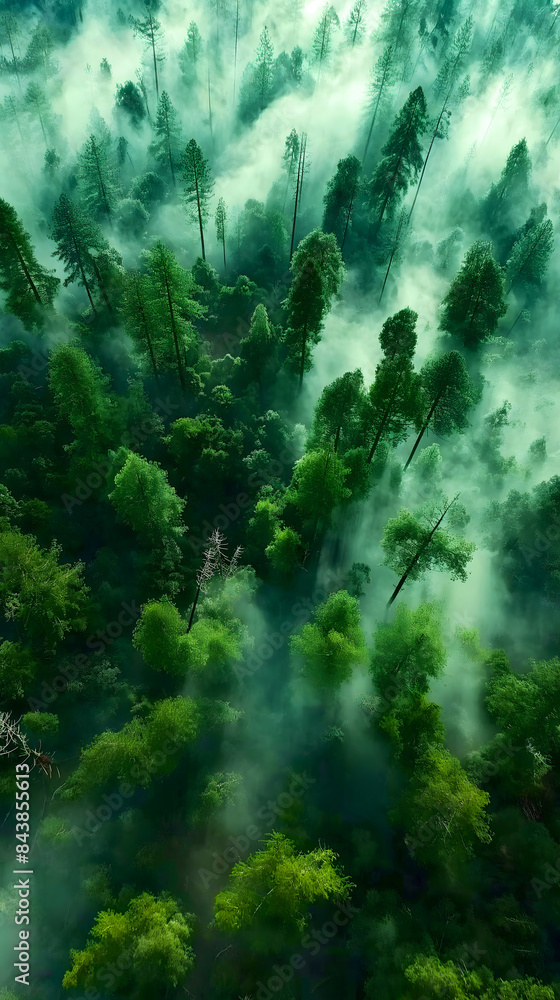 Obraz premium Misty landscape with fir forest in vintage style. There are mountain peaks in the distance