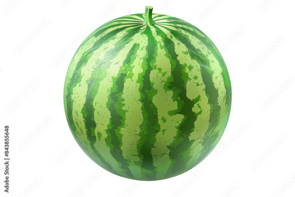 A whole, ripe watermelon with dark green stripes on a black background. A whole, ripe watermelon with dark green stripes on a black background.