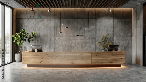 modern corporate office reception with wooden desk and concrete wall 3d rendering