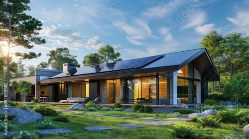 modern ecofriendly suburban house with photovoltaic solar panels on roof and landscaped yard 3d rendering