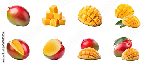 mango collection isolated on white background, mango cut into different style 