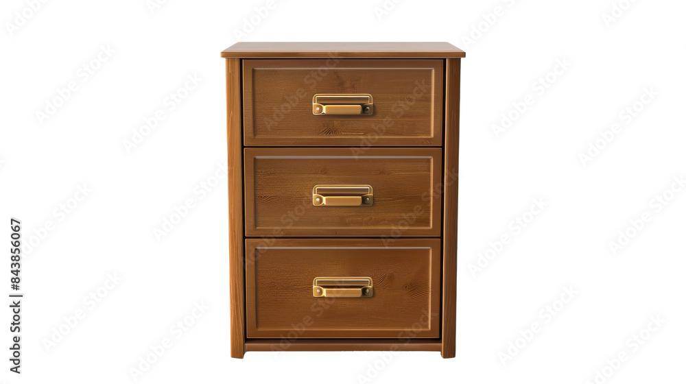 A wooden chest of drawers with three drawers and brass handles. The chest is isolated on a white background. A wooden chest of drawers with three drawers and brass handles. The chest is isolated on a white background.