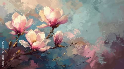 a painting of three pink flowers on a branch