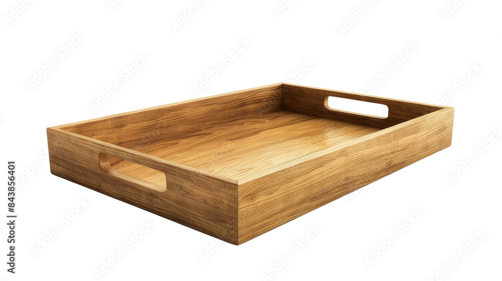 A wooden serving tray with handles, isolated on a white background. A wooden serving tray with handles, isolated on a white background.