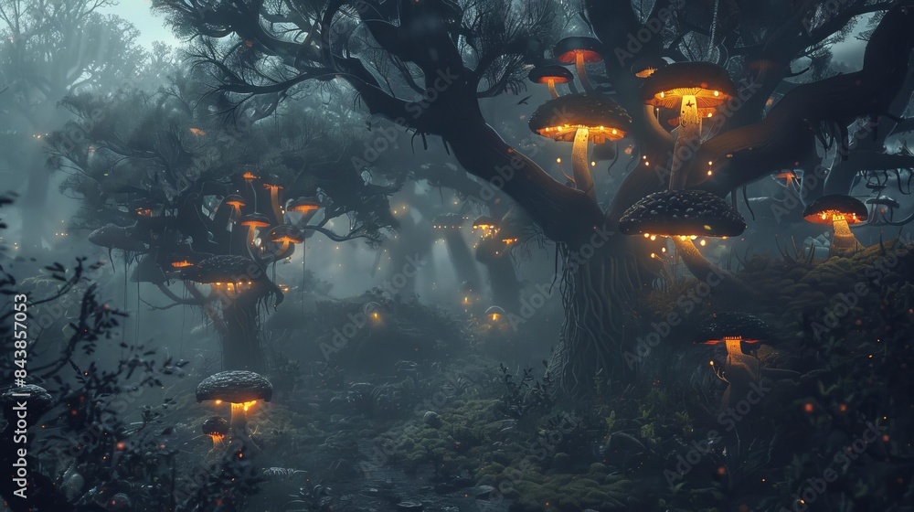 mysterious dark forest with fog and glowing mushrooms fantasy digital painting mysterious dark forest with fog and glowing mushrooms fantasy digital painting