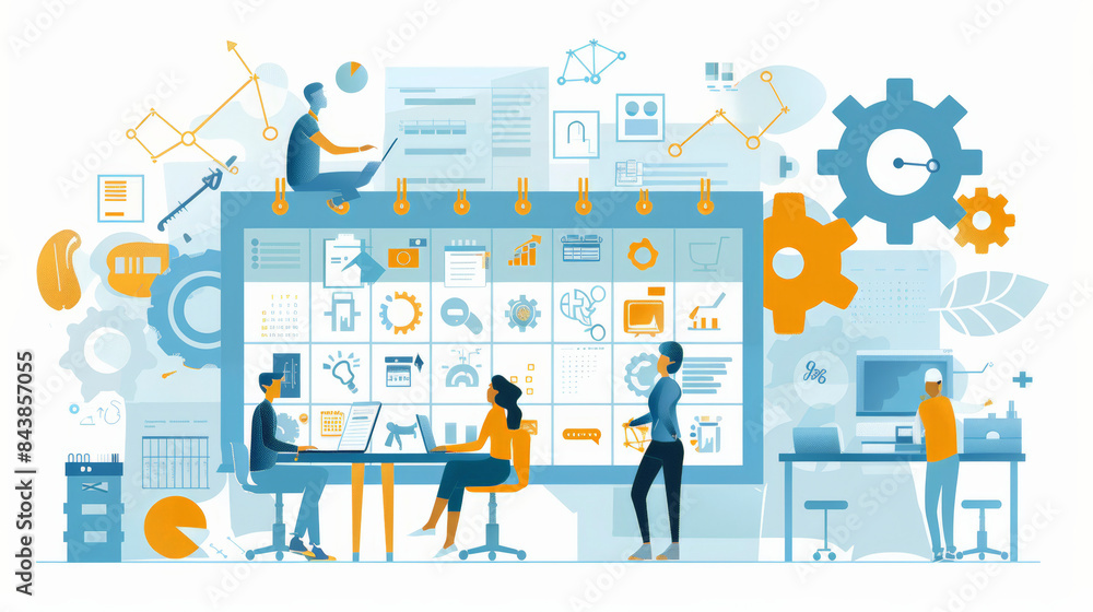 People collaborating in a modern office environment, utilizing technology, data charts, and digital tools for project management and innovation. Engineering and design elements are also present. People collaborating in a modern office environment, utilizing technology, data charts, and digital tools for project management and innovation. Engineering and design elements are also present.
