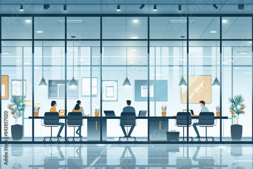 A 2D illustration of a candidate assessment center where multiple candidates are taking tests and participating in group activities The human resources team is observing and taking notes from a photo