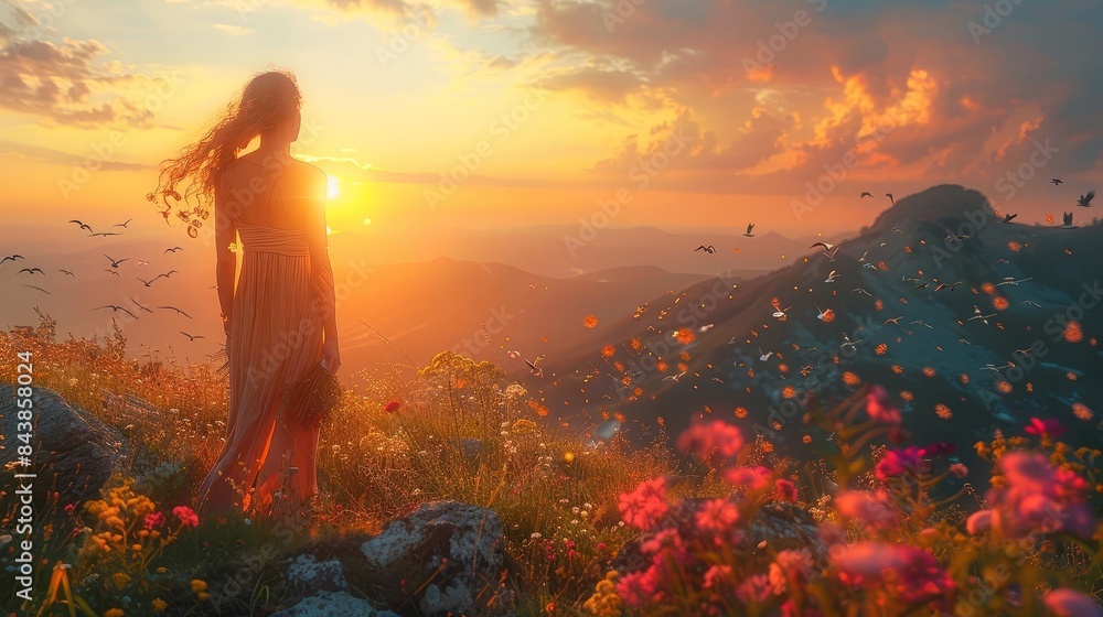 Obraz premium woman standing on a hill overlooking a beautiful sunset