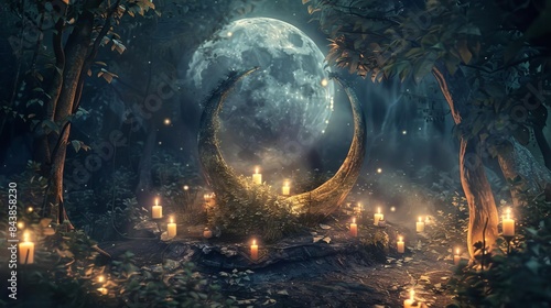 mystical forest ritual with candles and moon amulet fantasy digital painting photo