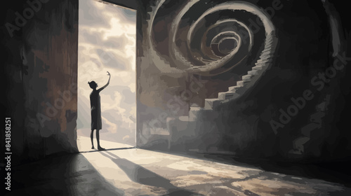 a man standing in a doorway with his arms up in the air