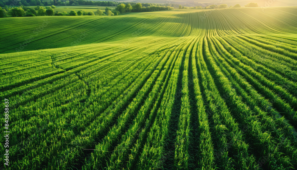 Expansive, sunlit green fields with rows of crops stretching into the distance under a clear sky, embodying the tranquility of rural agricultural landscapes. Expansive, sunlit green fields with rows of crops stretching into the distance under a clear sky, embodying the tranquility of rural agricultural landscapes.