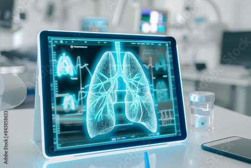 The bright and simple setup consists of a large tablet that displays bright blue 3D Lung